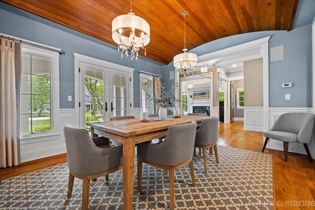 7S361 Arbor Dr, Naperville, IL 60540 - dining space with lofted ceiling, a chandelier, hardwood / wood-style flooring, and wooden ceiling