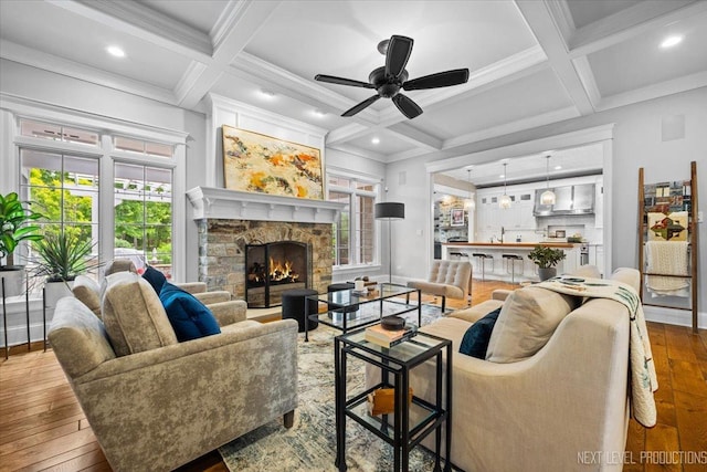 7S361 Arbor Dr, Naperville, IL 60540 - living room with coffered ceiling, hardwood / wood-style floors, a fireplace, baseboards, and a ceiling fan