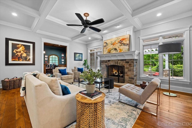7S361 Arbor Dr, Naperville, IL 60540 - living room featuring a fireplace, baseboards, coffered ceiling, and wood-type flooring