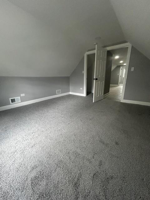 additional living space with carpet flooring, visible vents, lofted ceiling, and baseboards