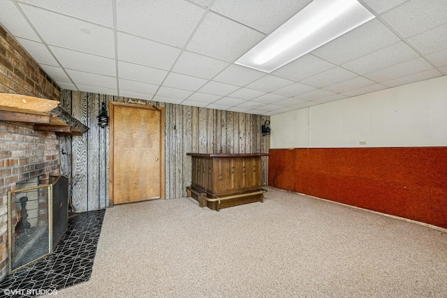 23460W N Lakewood Ln, Lake Zurich, IL 60047 - bar featuring carpet flooring, wooden walls, a fireplace, and a paneled ceiling