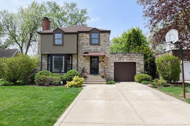 view of front facade with a garage, a front lawn, stone siding, a chimney, and concrete driveway