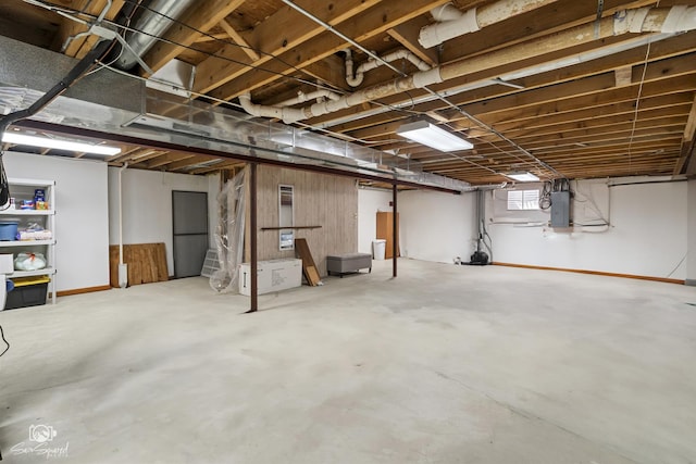 below grade area with electric panel and stairs