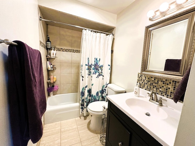 bathroom featuring toilet, shower / bathtub combination with curtain, vanity, tile patterned floors, and backsplash
