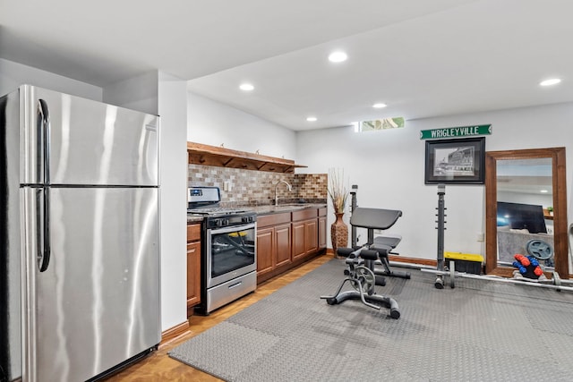 1267 Churchill Rd, Bartlett, IL 60103 - kitchen featuring stainless steel appliances, backsplash, recessed lighting, brown cabinets, and open shelves