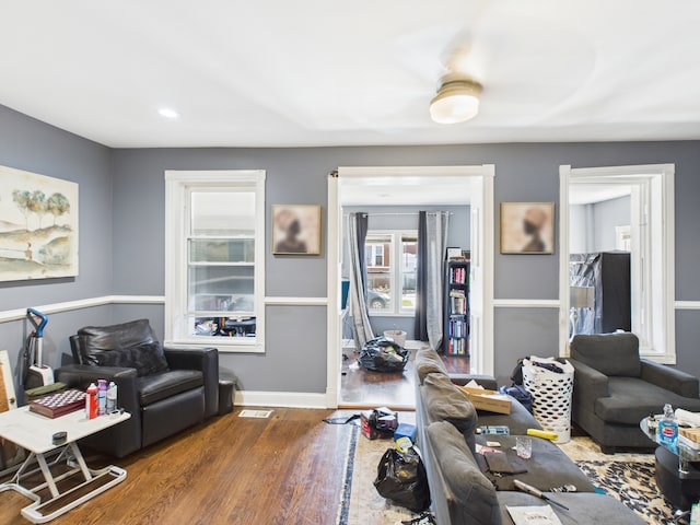 162 N La Crosse Ave, Chicago, IL 60644 - living room featuring baseboards, recessed lighting, wood finished floors, and visible vents