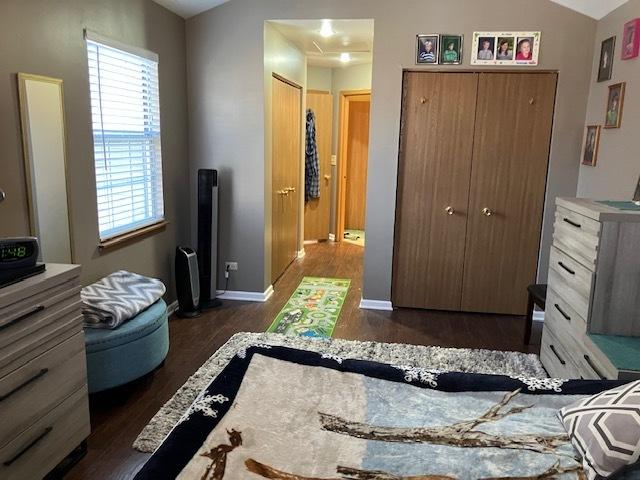 1032 Rockport Dr Unit 1032, Carol Stream, IL 60188 - bedroom with a closet, connected bathroom, dark wood-type flooring, and baseboards