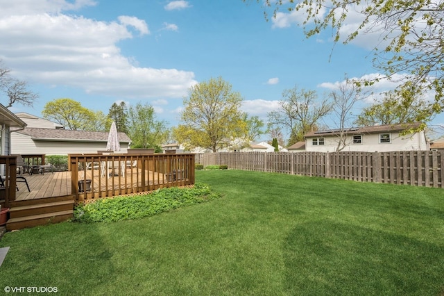 view of yard featuring a fenced backyard and a deck