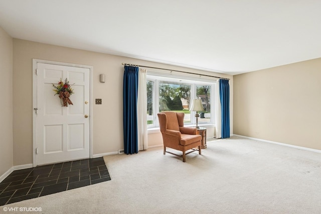 living area with baseboards and carpet