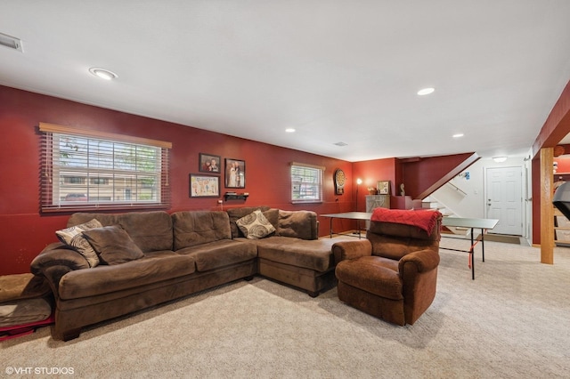310 N Lytle Dr, Palatine, IL 60074 - living area featuring carpet floors, stairs, healthy amount of natural light, and recessed lighting