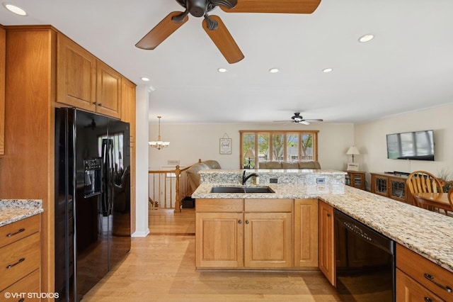 310 N Lytle Dr, Palatine, IL 60074 - kitchen featuring black appliances, a sink, ceiling fan, open floor plan, and light wood finished floors