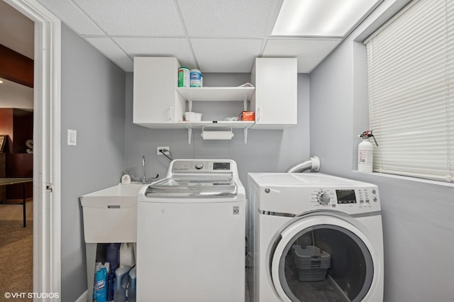 310 N Lytle Dr, Palatine, IL 60074 - laundry area featuring washing machine and clothes dryer, cabinet space, and carpet floors