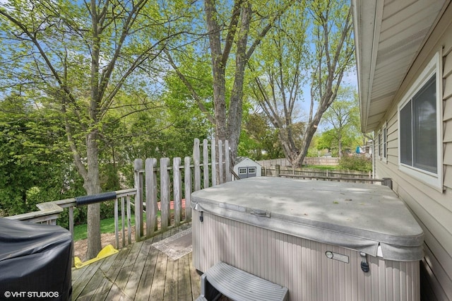 310 N Lytle Dr, Palatine, IL 60074 - wooden deck featuring a hot tub, a fenced backyard, and view of scattered trees