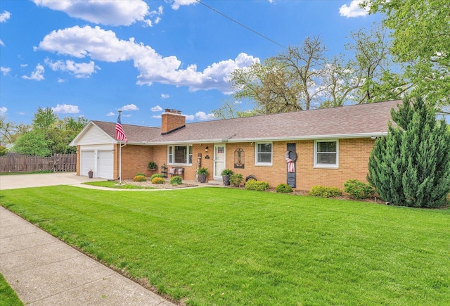 ranch-style home with fence, a front lawn, brick siding, and driveway