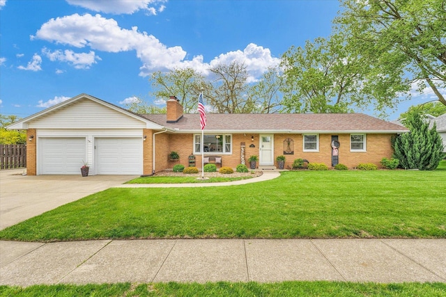 ranch-style home featuring brick siding, concrete driveway, a garage, a front lawn, and a chimney