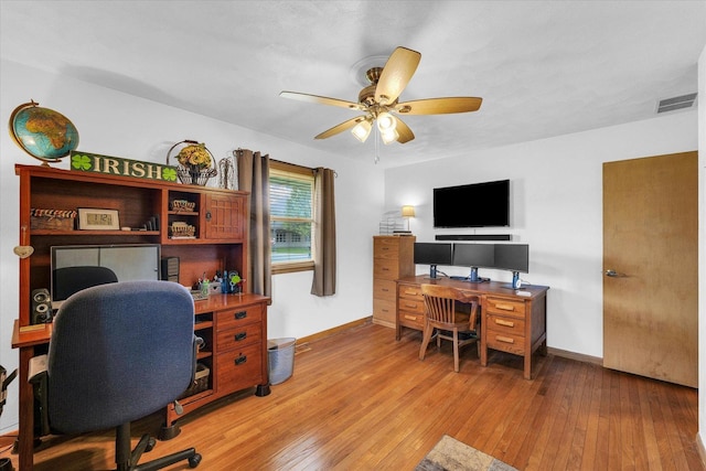 office featuring baseboards, ceiling fan, light wood finished floors, and visible vents