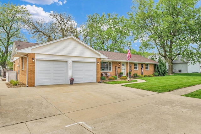 ranch-style home with concrete driveway, brick siding, a front yard, and a garage