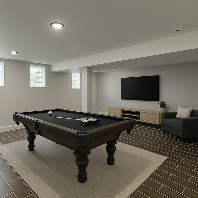 recreation room featuring baseboards, recessed lighting, wood finish floors, and billiards