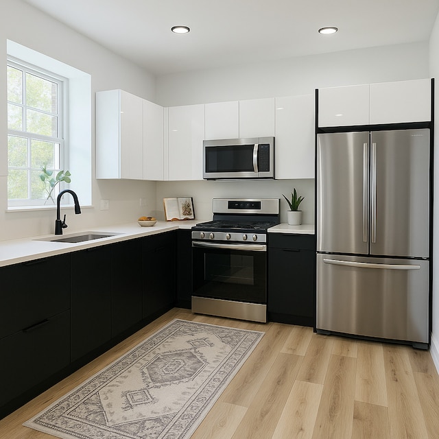 kitchen featuring a sink, stainless steel appliances, light countertops, modern cabinets, and dark cabinetry