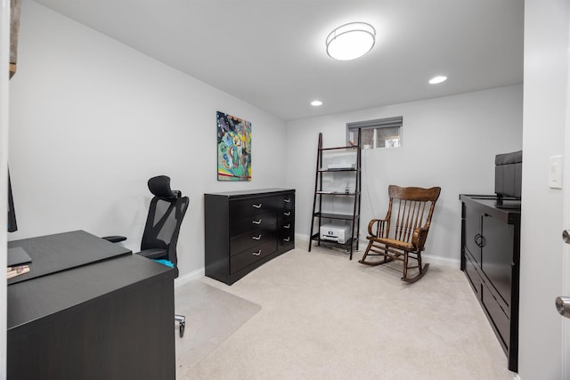 office area featuring baseboards, light carpet, and recessed lighting