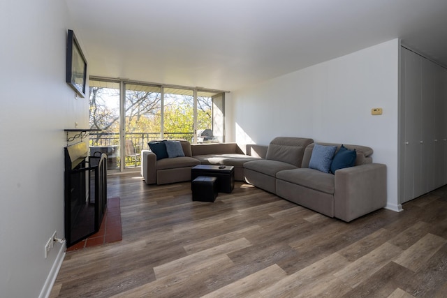 living area featuring baseboards, a wall of windows, and dark wood-type flooring