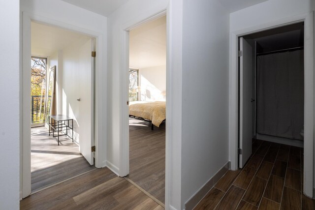 hall with dark wood-style flooring and baseboards