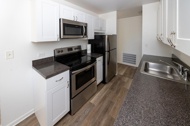 kitchen featuring white cabinetry, a sink, appliances with stainless steel finishes, visible vents, and dark countertops