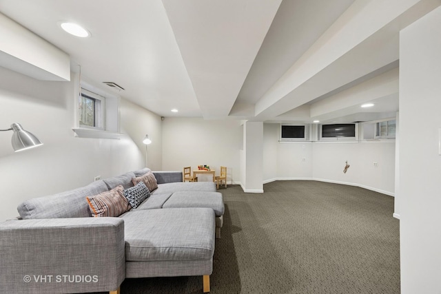 309 Wesley Ave, Oak Park, IL 60302 - living area featuring dark carpet, visible vents, recessed lighting, and baseboards