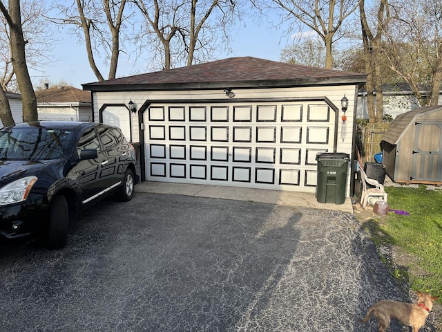 detached garage with a storage shed