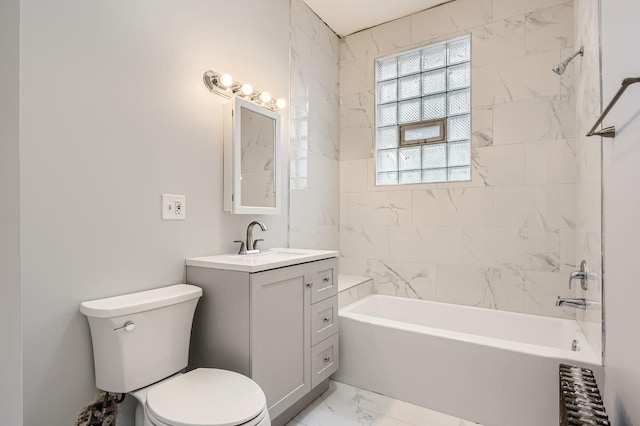 full bathroom featuring radiator, vanity, toilet, marble finish floor, and  shower combination