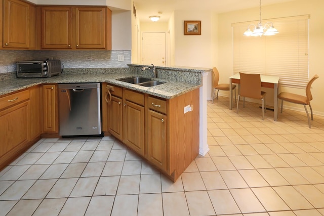 4566 Concord Ln, Northbrook, IL 60062 - kitchen with stainless steel dishwasher, a sink, light tile patterned flooring, and brown cabinetry