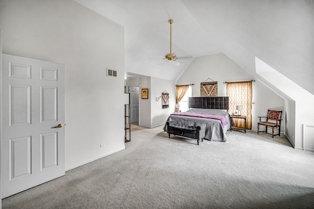 carpeted bedroom featuring visible vents, high vaulted ceiling, and baseboards