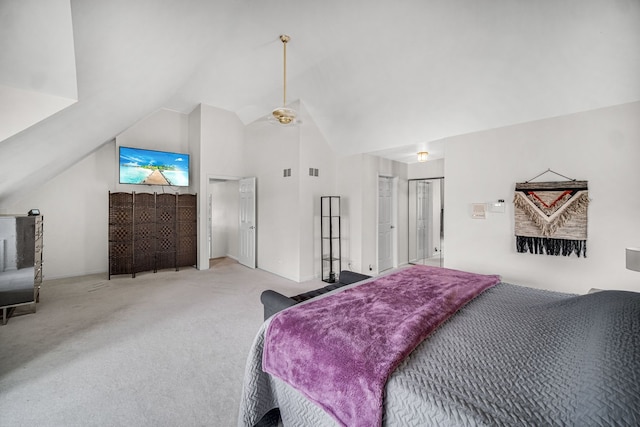 bedroom featuring carpet, visible vents, and lofted ceiling