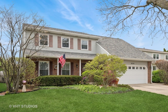 654 Cherrywood Dr, Wheeling, IL 60090 - traditional-style house with driveway, a garage, a front yard, brick siding, and a shingled roof