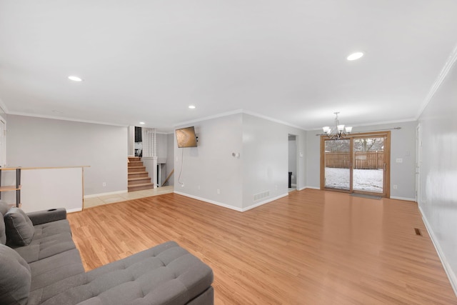 living room featuring recessed lighting, visible vents, stairway, and a chandelier