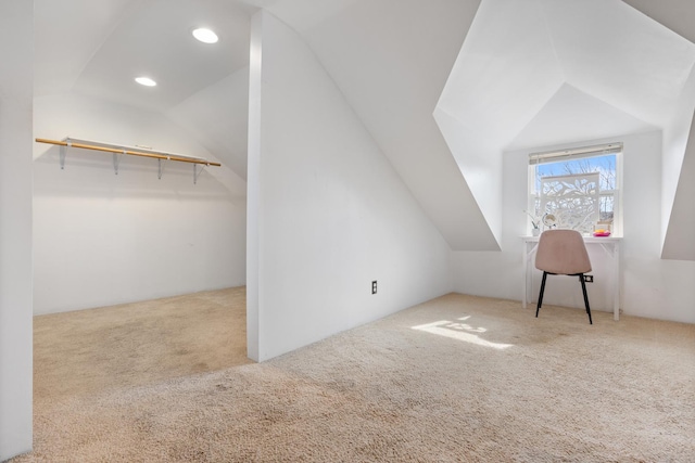 bonus room featuring vaulted ceiling, carpet flooring, and recessed lighting