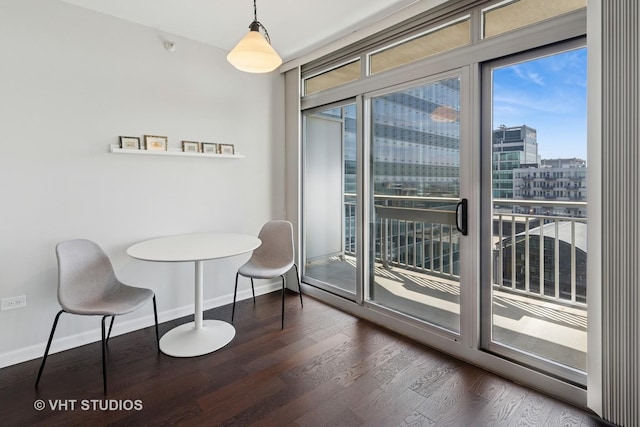 doorway featuring baseboards, healthy amount of natural light, wood finished floors, and a city view