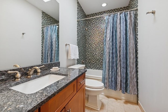 full bathroom with toilet, tile patterned floors, shower / bathtub combination with curtain, and vanity
