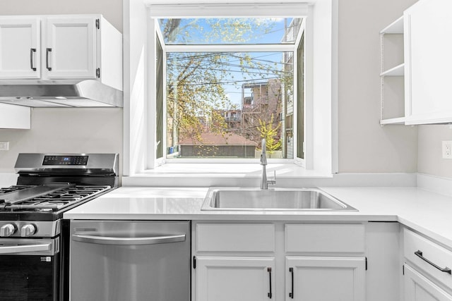 kitchen featuring a sink, white cabinets, stainless steel appliances, and under cabinet range hood