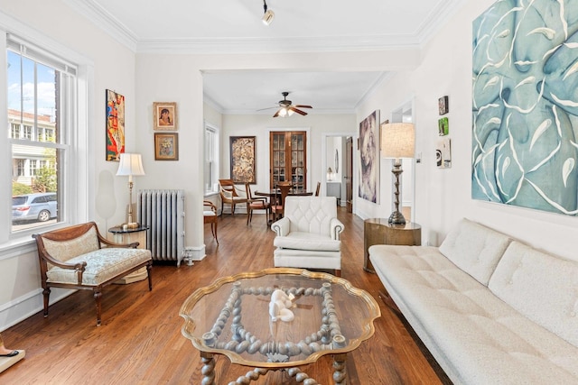 living room with ceiling fan, ornamental molding, wood finished floors, and radiator