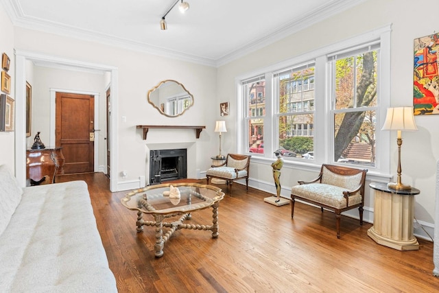 living area with track lighting, ornamental molding, wood finished floors, a fireplace, and baseboards