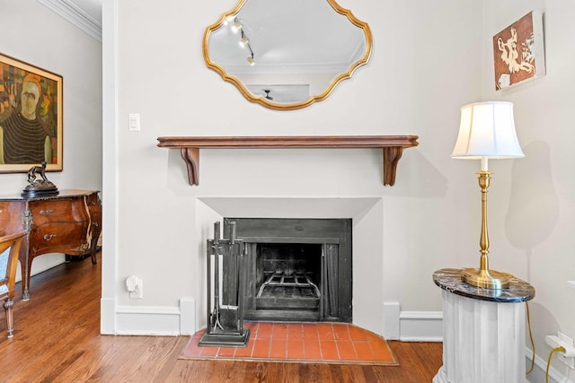 interior details featuring crown molding, a fireplace with raised hearth, baseboards, and wood finished floors