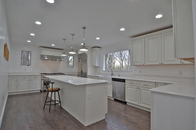 kitchen with recessed lighting, under cabinet range hood, a center island, high quality appliances, and white cabinets