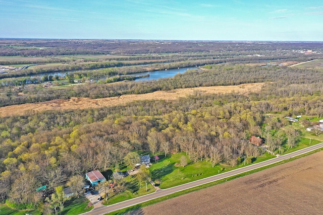 birds eye view of property featuring a water view and a forest view