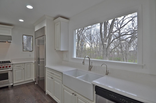 kitchen featuring recessed lighting, a sink, premium appliances, under cabinet range hood, and dark wood-type flooring