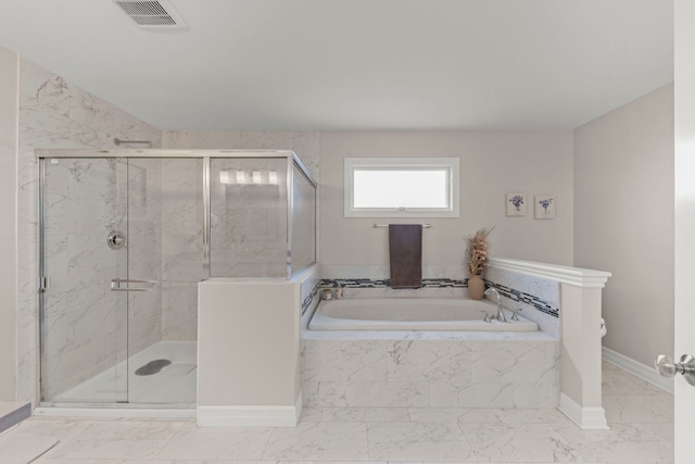 full bath with a marble finish shower, visible vents, a bath, and marble finish floor