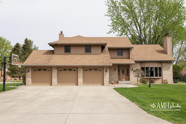 traditional home with concrete driveway, a garage, a chimney, and a front yard