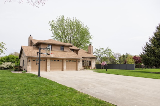 view of property exterior with a yard, fence, a chimney, and driveway