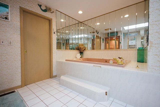 full bath with recessed lighting, wallpapered walls, visible vents, tile patterned flooring, and a garden tub