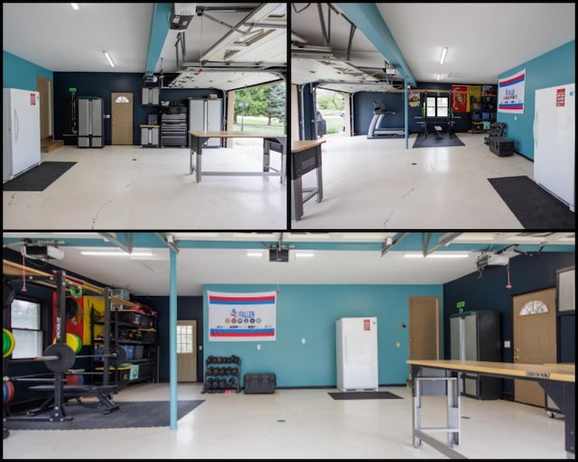 garage with freestanding refrigerator and a garage door opener